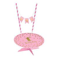 1st Birthday Pink Mini One Pennant Banner Cake Topper & Cake Stand