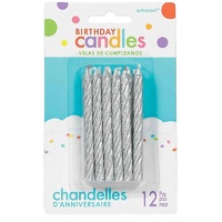 Large Spiral Glitter Silver Birthday Candles 12 Pack
