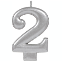 Number 2 Silver Metallic Birthday Candle