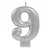 Number 9 Silver Metallic Birthday Candle