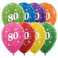 80th Birthday Assorted Bright Coloured Metallic Latex Balloons 25 Pack