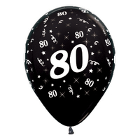 80th Birthday Metallic Black Latex Balloons 6 Pack