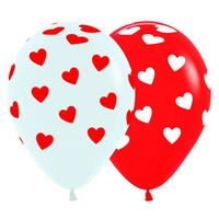 Fashion Red & White Latex Balloons With Hearts 12 Pack