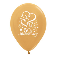 50th Anniversary Hearts Metallic Gold Latex Balloons 25 Pack
