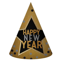 Happy New Year Star Gold, Black & Silver Cone Shaped Hat Foil x1
