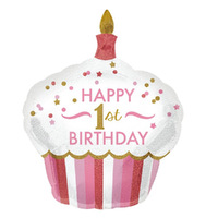 1st Birthday Cupcake Girl Holographic SuperShape Foil Balloon
