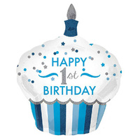 1st Birthday Cupcake Boy Holographic SuperShape Foil Balloon