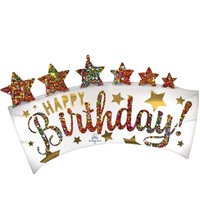 Happy Birthday Glitter Banner & Stars SuperShape Satin Foil Balloon