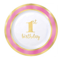 1st Birthday Pink Plastic Plates Hot Stamped 10 Pack