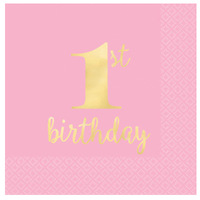 1st Birthday Pink Beverage Napkins Hot Stamped 16 Pack