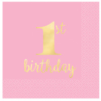 1st Birthday Pink Lunch Napkins Hot Stamped 16 Pack