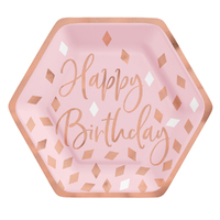 Blush Pink Birthday Hexagonal Metallic Paper Lunch Cake Dessert Plates 8 Pack
