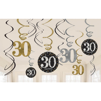 30th Birthday Sparkling Black Hanging Swirl Decorations