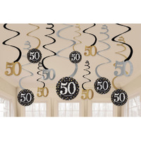 50th Birthday Sparkling Black Hanging Paper Swirl Decorations 12 Pack