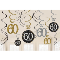 60th Birthday Sparkling Black Hanging Swirl Decorations