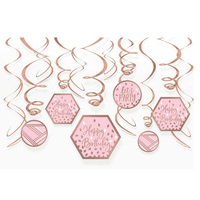 Blush Pink Happy Birthday Swirl Hanging Decorations 12 Pack