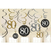 80th Birthday Sparkling Black Hanging Swirl Decorations