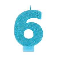 Number 6 Birthday Blue Glitter Candle