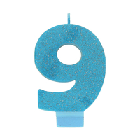 Number 9 Birthday Blue Glitter Candle