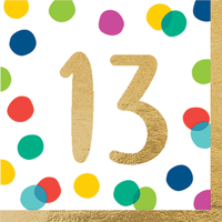 13th Birthday Happy Dots Hot Stamped Lunch Napkins 16 Pack