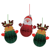 Christmas Santa & Reindeers Hanging Honeycomb Decorations 3 Pack