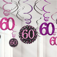 60th Birthday Sparkling Pink Hanging Swirl Decorations