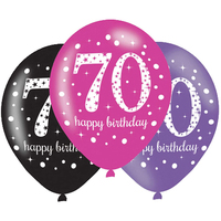 70th Birthday Sparkling Pink Celebration Latex Balloons 6 Pack