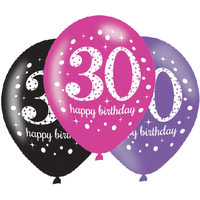 30th Birthday Sparkling Pink Celebration Latex Balloons 6 Pack