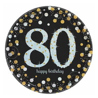 80th Birthday Party Supplies Sparkling Black Dinner Plates 8 Pack