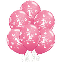 1st Birthday Girl Pink Latex Balloons 6 Pack