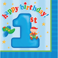 1st Birthday Party Supplies - Fun at One Boy Beverage Napkin 16 Pack