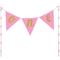 1st Birthday Pink One Pennant Banner Cake Topper