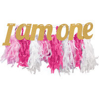 1st Birthday Pink Tissue Paper Fringe I am One High Chair Decoration