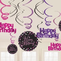Happy Birthday Sparkling Pink Hanging Swirls