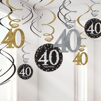 40th Birthday Sparkling Black Hanging Swirl Decorations