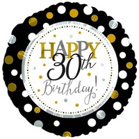 Happy 30th Birthday! Gold Silver Black 45cm balloon