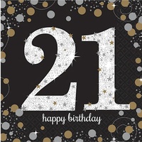 21st Birthday Party Supplies Sparkling Black Lunch Napkins 16 pack