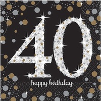 40th Birthday Party Supplies - Sparkling Black Lunch Napkins 16 pack