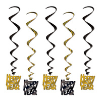 Happy New Year Party Supplies - Black and Gold Swirl Decorations 5 Pack