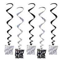 Happy New Year Party Supplies - Black and Silver Swirl Decorations 5 Pack