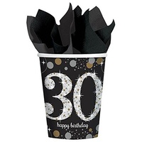 30th Birthday Party Supplies - Sparkling Black Cups 8 Pack