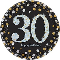 30th Birthday Party Supplies Sparkling Black Dinner Plates 8 Pack