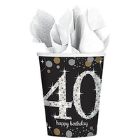 40th Birthday Party Supplies - Sparkling Black Cups 8 Pack