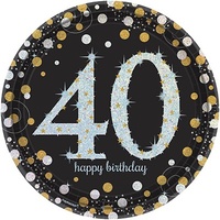 40th Birthday Party Supplies Sparkling Black Dinner Plates 8 Pack