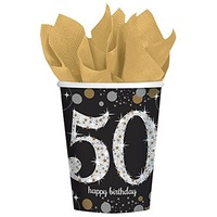 50th Birthday Party Supplies - Sparkling Black Cups 8 Pack