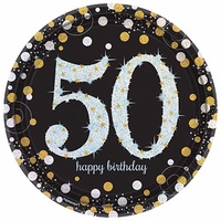 50th Birthday Party Supplies Sparkling Black Dinner Plates 8 Pack