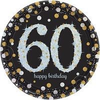 60th Birthday Party Supplies Sparkling Black Dinner Plates 8 Pack