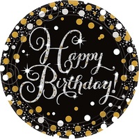 Birthday Party Supplies Sparkling Black Happy Birthday Dinner Plates 8 Pack