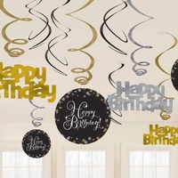 Birthday Party Supplies Sparkling Black Hanging Swirl Decorations 12 Pack