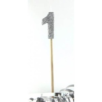 Silver Glitter Party Supplies - Number 1 Silver Glitter Candle 4cm on stick